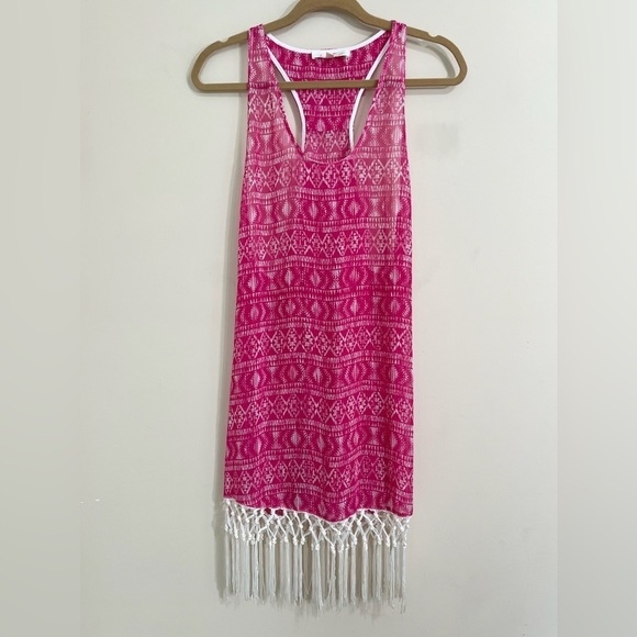 FRANCESCA’S COLLECTION Women's Aztec Sheer Racerback Fringe‎ Swim Coverup M/L - Picture 1 of 11